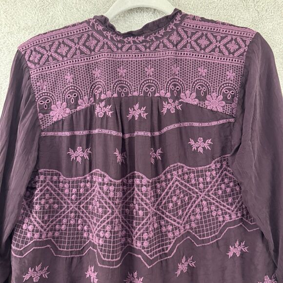 Johnny Was Top S Burgundy Floral Tunic Boho Embroidered V-Neck Long Sleeve - Picture 8 of 13